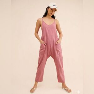 Pink Boho Harem Jumpsuit-Romper Overalls Drop Crotch Apron Back Zip Pocket OSFM